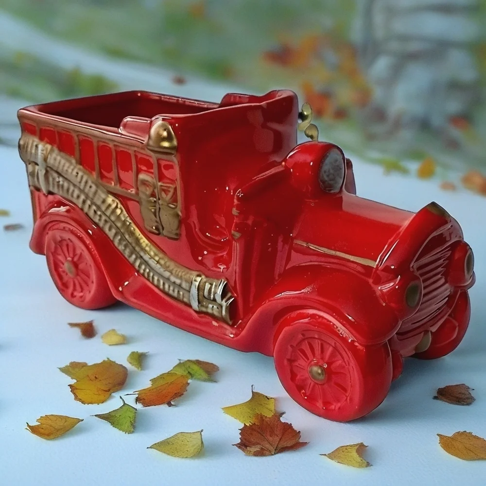 Vintage Fire Truck Planter Ceramic Red Kids Room Firetruck Nursery Decor Storage